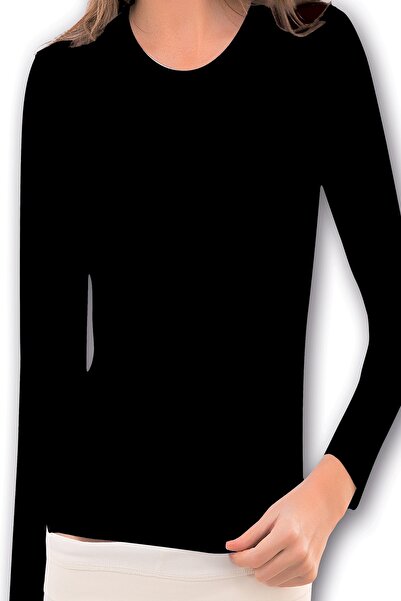 PIRLANTA Kadın Siyah Bisiklet Yaka Uzun Kol Pamuklu Body