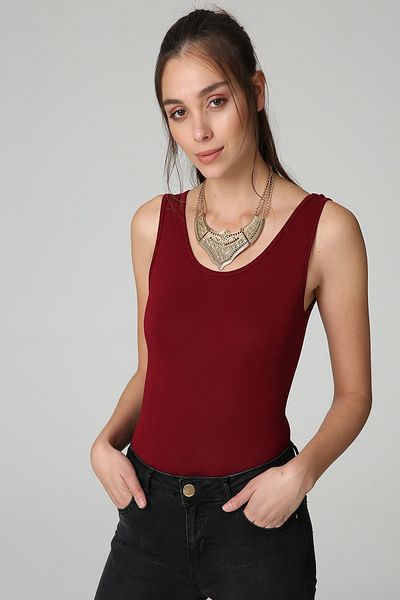 Select Moda Body de damă, roșu Claret, cu decolteu rotund, cu închidere cu capse în partea de jos