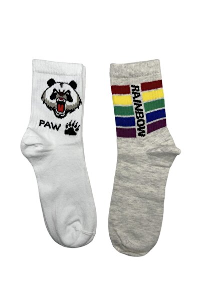 NBG ÇORAP Unisex 2'li Panda Ve Rainbow Yazılı Dikişsiz Çoraplar