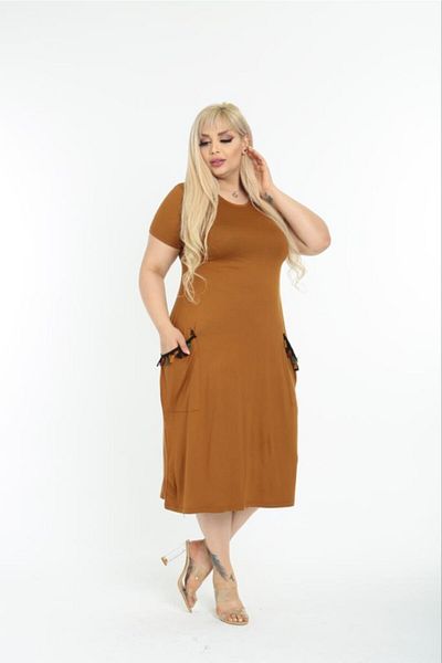 Mezura Short Sleeve Plus Size Summer Viscose Combed Cotton Dress with Below Knee Pockets