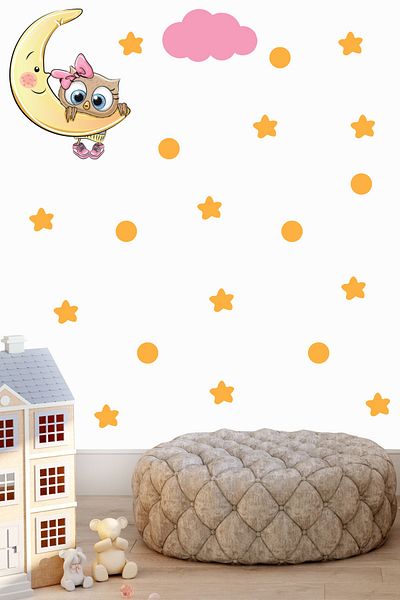 Tilki Dünyası Cute Owl Hanging Over the Moon Pink Cloud Yellow Stars And Polka Dots Kids Room Wall Sticker