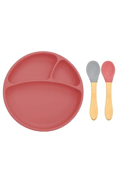 OiOi Claret Red Silicone Plate + Bamboo Handle Silicone Spoon