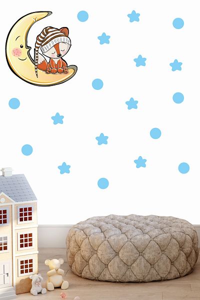 Tilki Dünyası Cute Fox Sleeping on the Moon Blue Stars and Polka Dots Kids Room Wall Sticker
