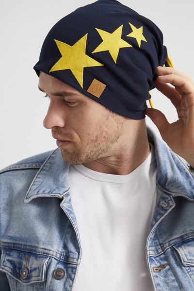 Butikgiz Sarı Lacivert Yıldızlı Efsane Çubuklu, Ipli 4 Mevsim Şapka Bere Buff-yumuşak Doğal Penye