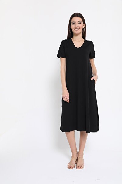 BEBE PLUS Women's V-Neck Slit Side Pocket Basic Dress 25736 Black