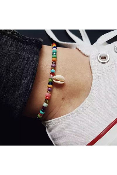 platin hediyelik Mixed Color Glass Beaded Seashell Anklet