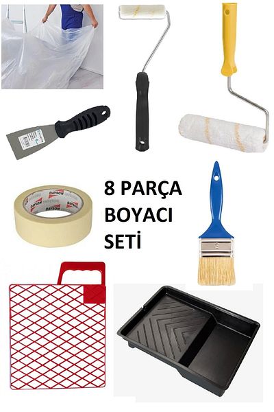 İzmir Fırça Painter Set 8 Pieces Brush + Roller + Finger Roller + Grid + Pan + Dyson Tape + Protective Cover + Spatula