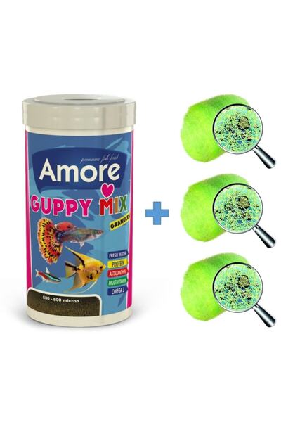 AMORE Guppy Mix Granules 250 Ml Tropikal Balık Yemi + Sera Crystal Clear 3 Adet Bioball Elyaf