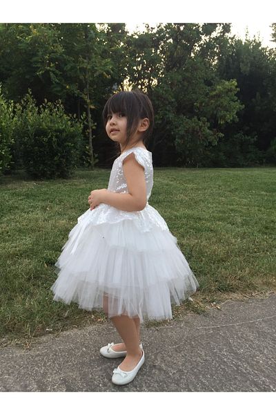 Sevimlice Kids Rochie albă cu mânecă scurtă cu paiete pentru fete