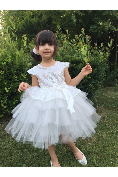 Sevimlice Kids Rochie albă cu mânecă scurtă cu paiete pentru fete