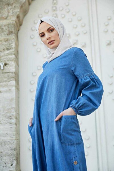 BURCU TESETTÜR Yandan Düğmeli Balon Kollu Tesettür Kot Elbise 1001