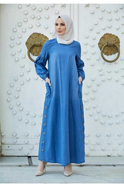 BURCU TESETTÜR Yandan Düğmeli Balon Kollu Tesettür Kot Elbise 1001