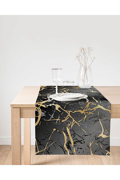Realhomes Runner din piele intoarsa cu design special imprimat digital cu model de desen auriu pe fundal negru