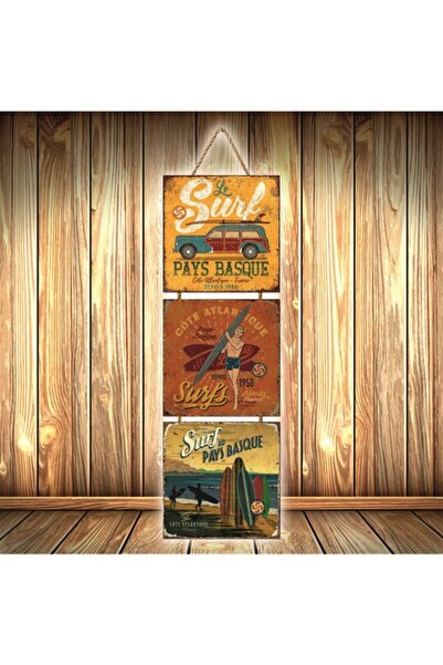 TAKIFİX Surf Tasarımlı Üçlü Retro Ahşap Poster Ü345