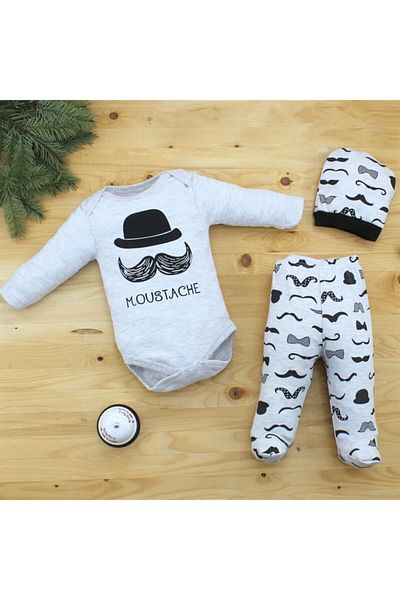 Mini Bird Mustache Gray 3-Piece Baby Boy Set K2682