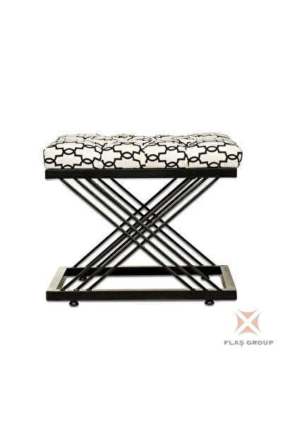 Flaş Group Metal Ayaklı Puf Beyaz Siyah Desenli Puf Çapraz Ayaklı Siyah Puf