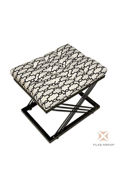 Flaş Group Metal Ayaklı Puf Beyaz Siyah Desenli Puf Çapraz Ayaklı Siyah Puf