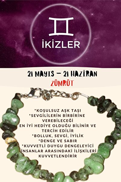 Gümüştel Sertifikalı Burç Taşı Ikizler Burcu Zümrüt Taşı Bileklik