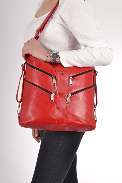 Meka Deri Women's Red Genuine Leather Shoulder and Backpack