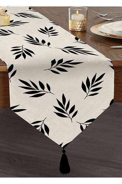 Realhomes Alb-negru model cu frunze decorative smocuri chenille triunghi alergător