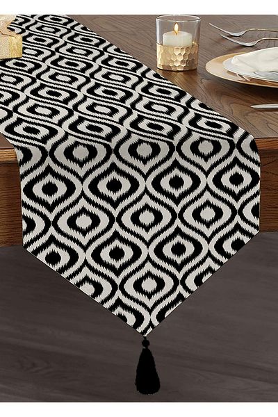 Realhomes Alergăr triunghiular din chenille cu ciucuri cu design special, cu model Ikat, imprimat digital