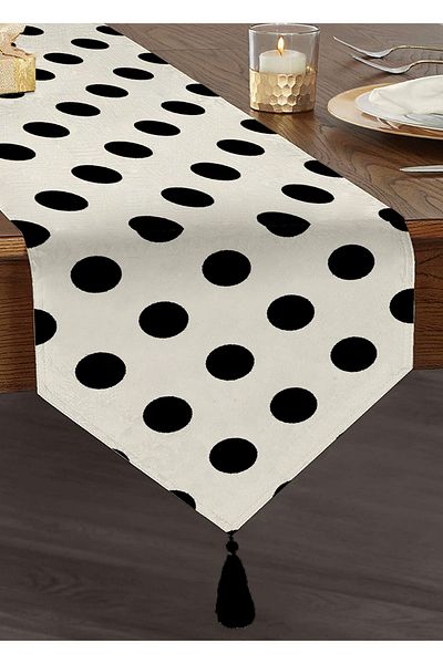 Realhomes Alergăr triunghi modern cu smocuri din chenille, imprimat digital cu buline negre