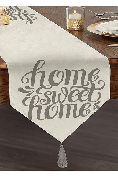 Realhomes Gray Home Sweet Home Modern Printed Chenille Triangle Runner with Tassels