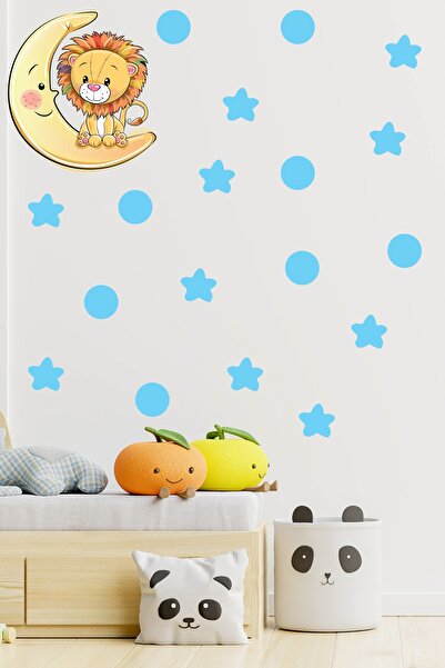 Tilki Dünyası Cute Lion on the Moon Blue Stars And Polka Dots Kids Room Wall Sticker