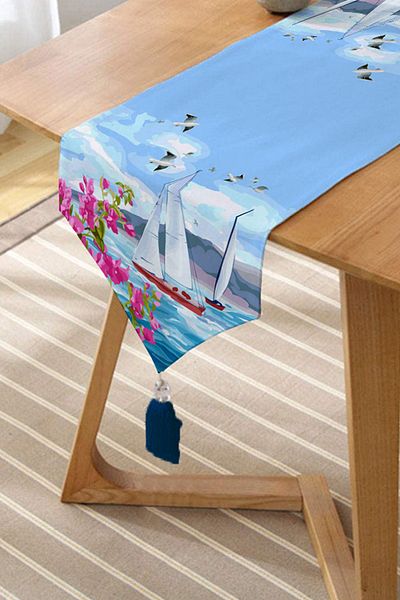 Realhomes Acuarelă cu motiv de mare și vele, special concepută, cu ciucuri din chenille