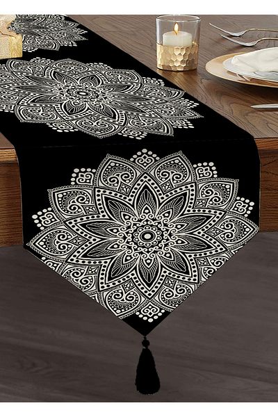 Realhomes Alb-negru Mandala Design Decorativ Tufted Chenille Triunghi Runner
