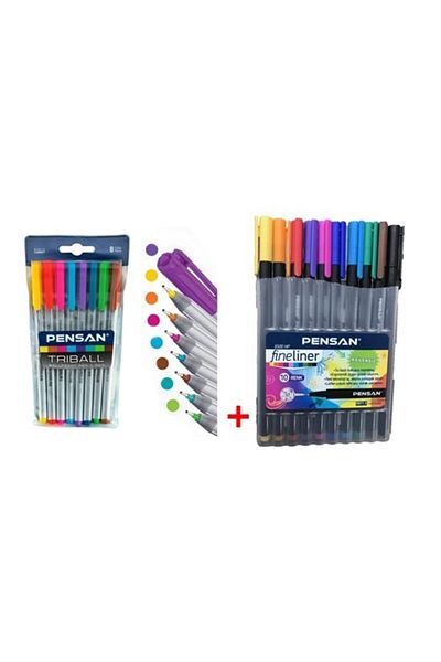 Pensan Triball Ballpoint Pen 8 Pcs + Fineliner Felt Tip Pen 10 Pcs Plastic Box 2 Sets