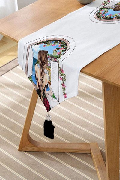 Realhomes Happiness Landscape Special Design Chenille Triangle Runner με ακουαρέλα σχέδιο και διακοσμητικές φούντες
