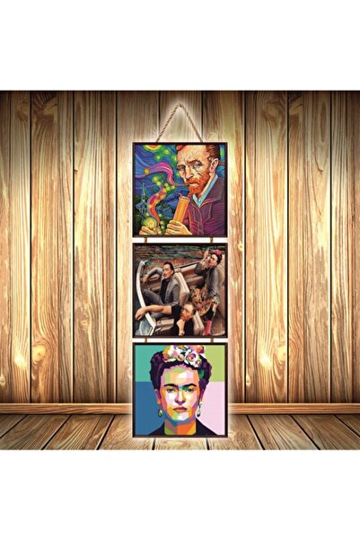 TAKIFİX Van Gogh Salvador Dali Frida Kahlo Tasarımlı Üçlü Retro Ahşap Poster Ü508