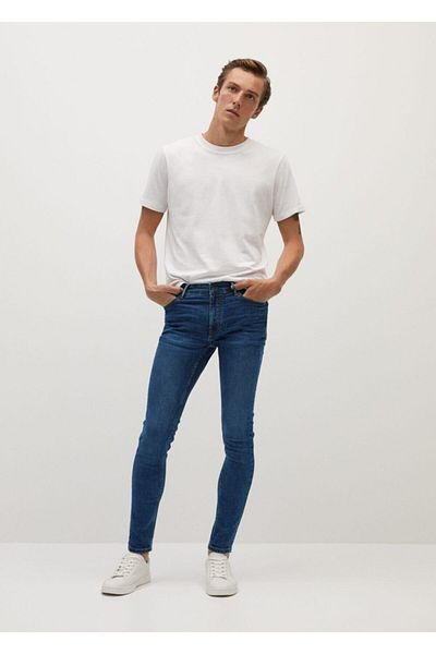 MANGO Man Pánské modré skinny tmavé seprané kalhoty Jude Jean