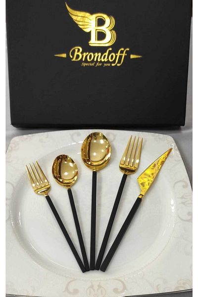 BRONDOFF 30 Piece Black Gold Fork Spoon Knife Set