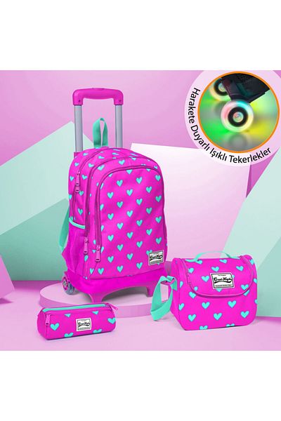 Coral High Geantă de școală pentru fete cu model roz cu racletă - Adalinhome Set de 3