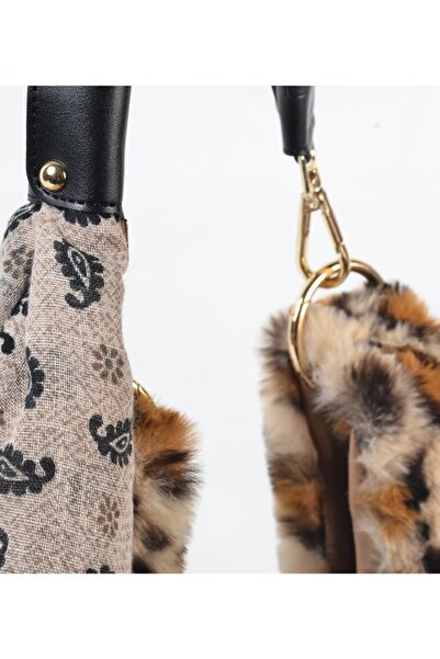 sisa.art Sisaart Poşe Fularlı Şallı Aksesuarlı Leopar Kürk El Ve Omuz Çantası