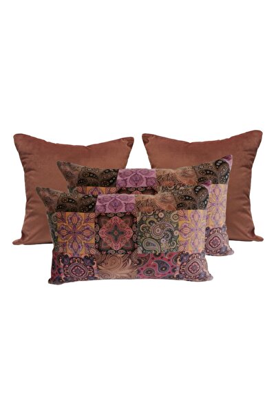 Flora Home Kahverengi  Kadife Kırlent Kılıfı Seti Avantajlı 4'lü 35x50cm 45x45cm