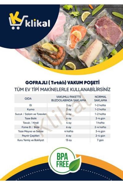 Klikal 20x30 Cm 50 Adet Gofrajlı Tırtıklı Vakum Poşeti -torbası