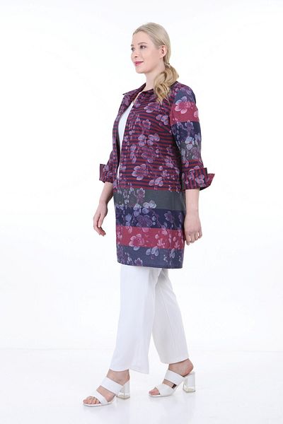 DISENTIS MODEST Shirt Collar Self Flower And Line Pattern Cuff Back Curved Burgundy Shirt Jacket Without Buttons