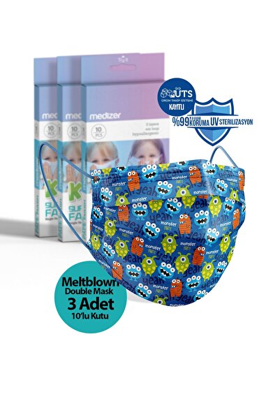 Medizer Sevimli Bakteriler Desenli 3 Katlı Meltblown Cerrahi Çocuk Maskesi 10...