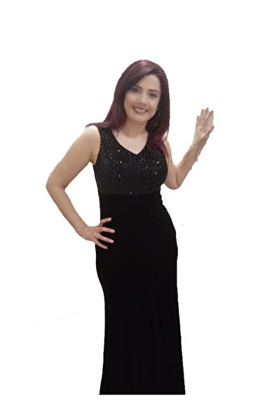 ZY BUTİK Black Thick Strap Top Sequin Embroidered Velvet Long Evening Dress