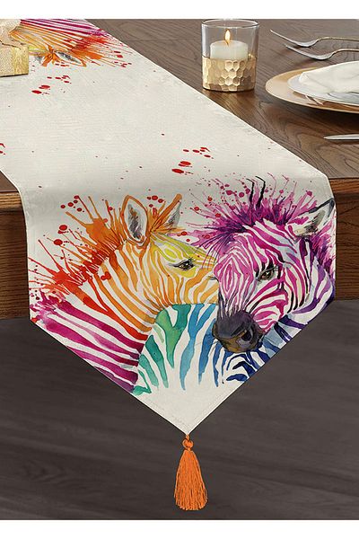 Realhomes Zebra Patterned Digital Printed Decorative Tasseled Chenille Triangle Runner