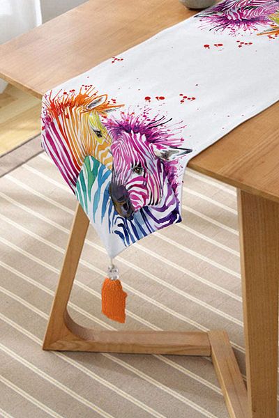 Realhomes Zebra Patterned Digital Printed Decorative Tasseled Chenille Triangle Runner
