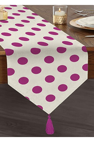 Realhomes Mor Puantiyeli Dijital Baskılı Dekoratif Püsküllü Şönil Üçgen Runner