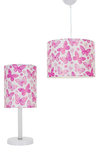 Vivido Abajur 2'li Kız Pembe Kelebekli Çocuk Aydınlatma Odası Seti Tavan & Komodin Abajur