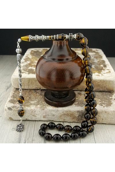 Tesbihsepetim Yellow Black Silver Tasseled Fire Amber Prayer Beads - Special Design
