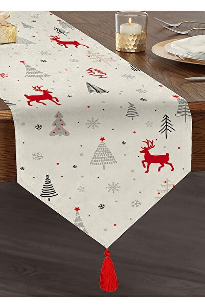 Realhomes Kırmızı Geyikler Ve Ağaçlar Yılbaşı Konseptli Özel Tasarım Püsküllü Şönil Üçgen Runner
