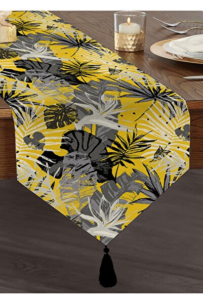 Realhomes Sarı Zemin Üzerinde Beyaz Ve Gri Yaprak Motifli Püsküllü Şönil Üçge...