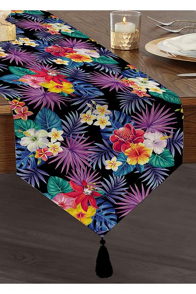 Realhomes Alergăr decorativ triunghiular de chenille cu ciucuri cu flori colorate pe fundal negru